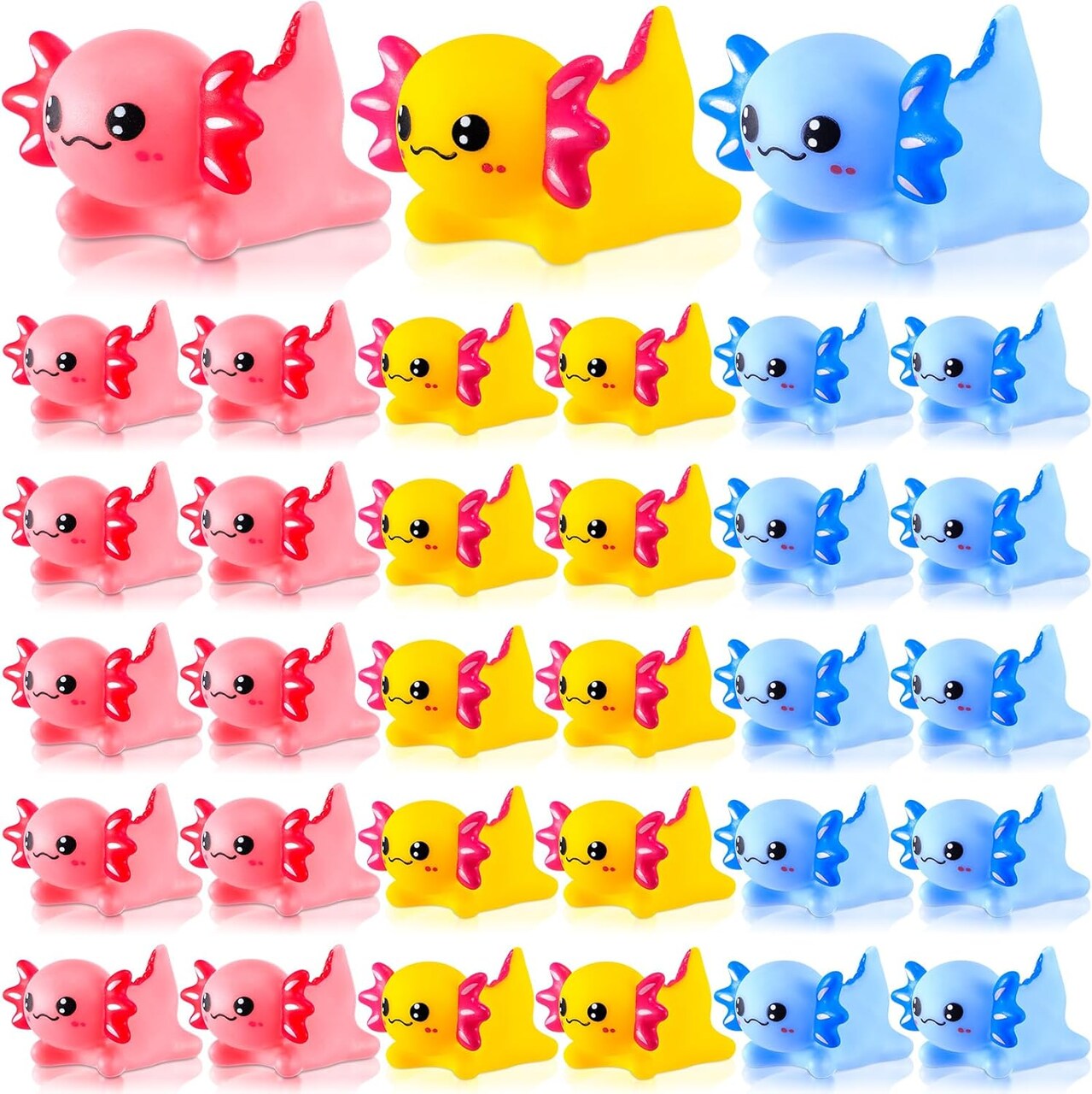 30-Pack Axolotl Rubber Ducks – Squeaky Toys for Kids, Party Favors, Pool Decor, Stress Relief, and Creative Gift Ideas (Pink, Yellow, Blue)
